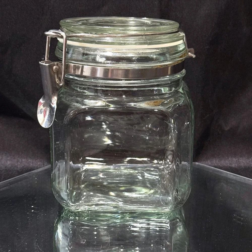 Vintage Italian Clear Square Airtight Glass Jar Wire Bale Clamp Lid Canister